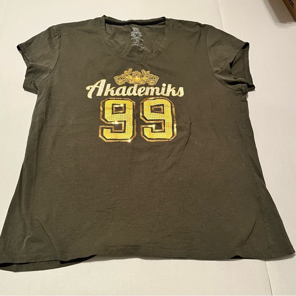 Akademiks Womens Juniors Size 3X Olive Green‎ Short Sleeve Shirt Top Sequin Y2K